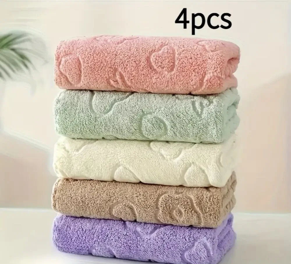 Four Piece Set Of Cartoon Embossed Towels, Soft And Quick Drying 27×11 In. New